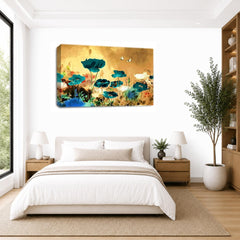 LR Floral Rose Poppy Wall Art Picture – Teal & Cream Framed Canvas Print | Ready to Hang | Modern Wall Art for Living Room, Bedroom & Office
