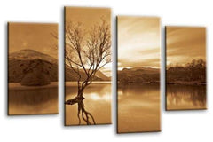 LR Landscape Lake Wall Art Picture Cream Brown Mountain Floral Framed Split Panel Canvas Print