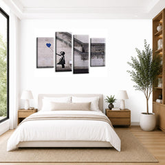 LR Banksy Heart Wall Art Picture – Grey & Blue Graffiti Art Framed 4 Panel Split Canvas Print | Ready to Hang | Modern Wall Art for Living Room, Bedroom & Office