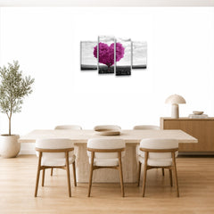 LR Floral Love Heart Wall Art Picture – Grey & Pink Tree Framed 4 Panel Split Canvas Print | Ready to Hang | Modern Wall Art for Living Room, Bedroom & Office