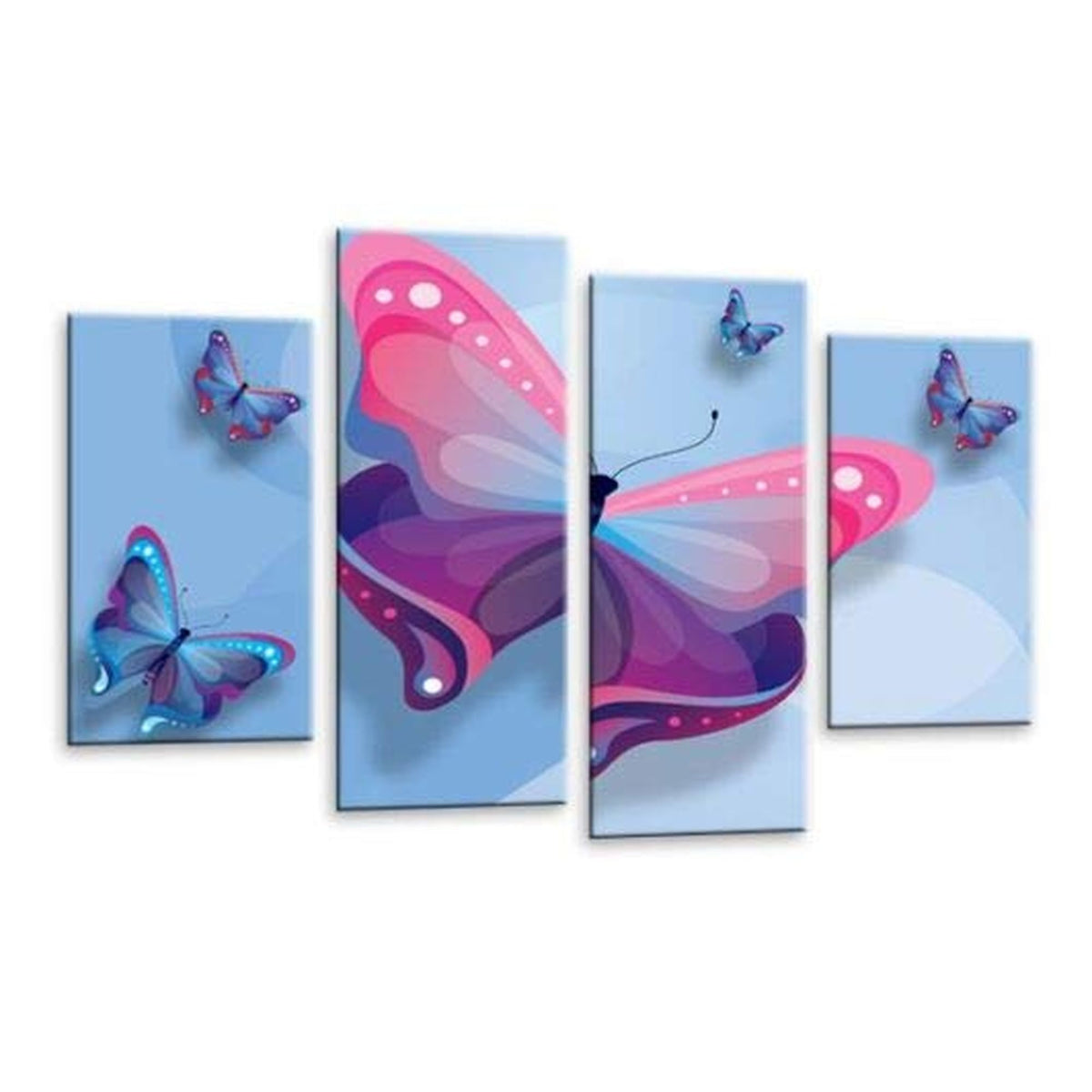 LR Butterfly Heart Wall Art Picture – Blue & Pink Floral Abstract Framed 4 Panel Split Canvas Print | Ready to Hang | Modern Wall Art for Living Room, Bedroom & Office
