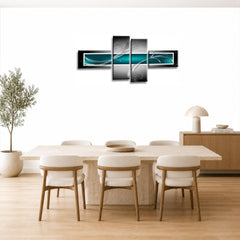 LR Teal Grey Abstract Wall Art Picture – Black Modern Framed 4 Panel Split Canvas Print | Ready to Hang | Modern Wall Art for Living Room, Bedroom & Office