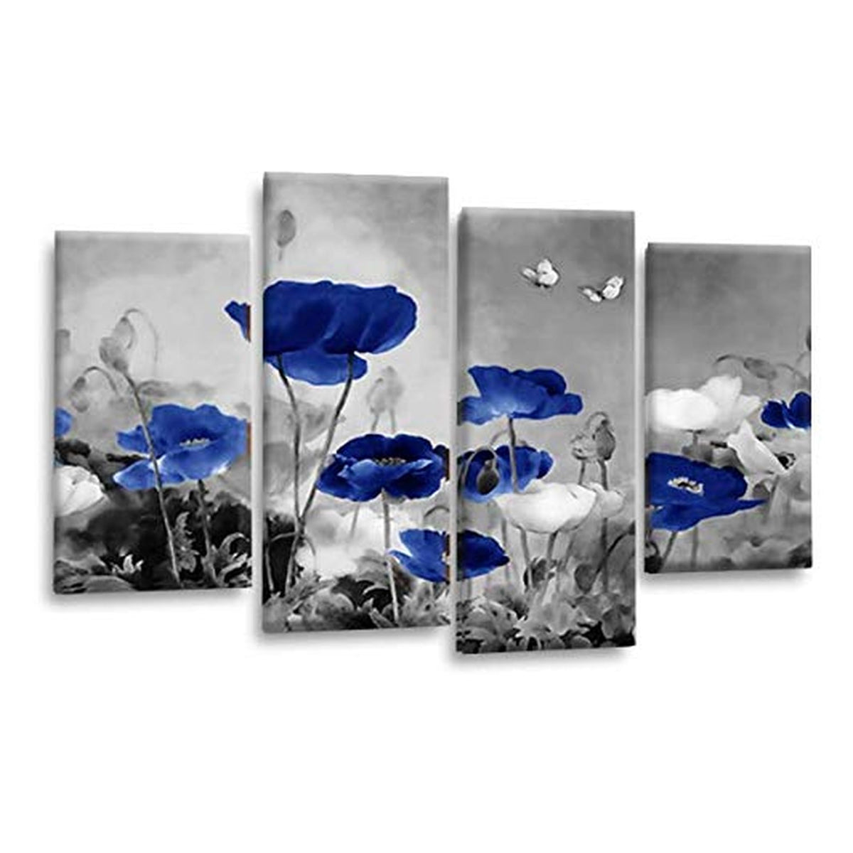 LR Floral Wall Art Picture – Grey & Blue Poppy Framed 4 Panel Split Canvas Print | Ready to Hang | Modern Wall Art for Living Room, Bedroom & Office
