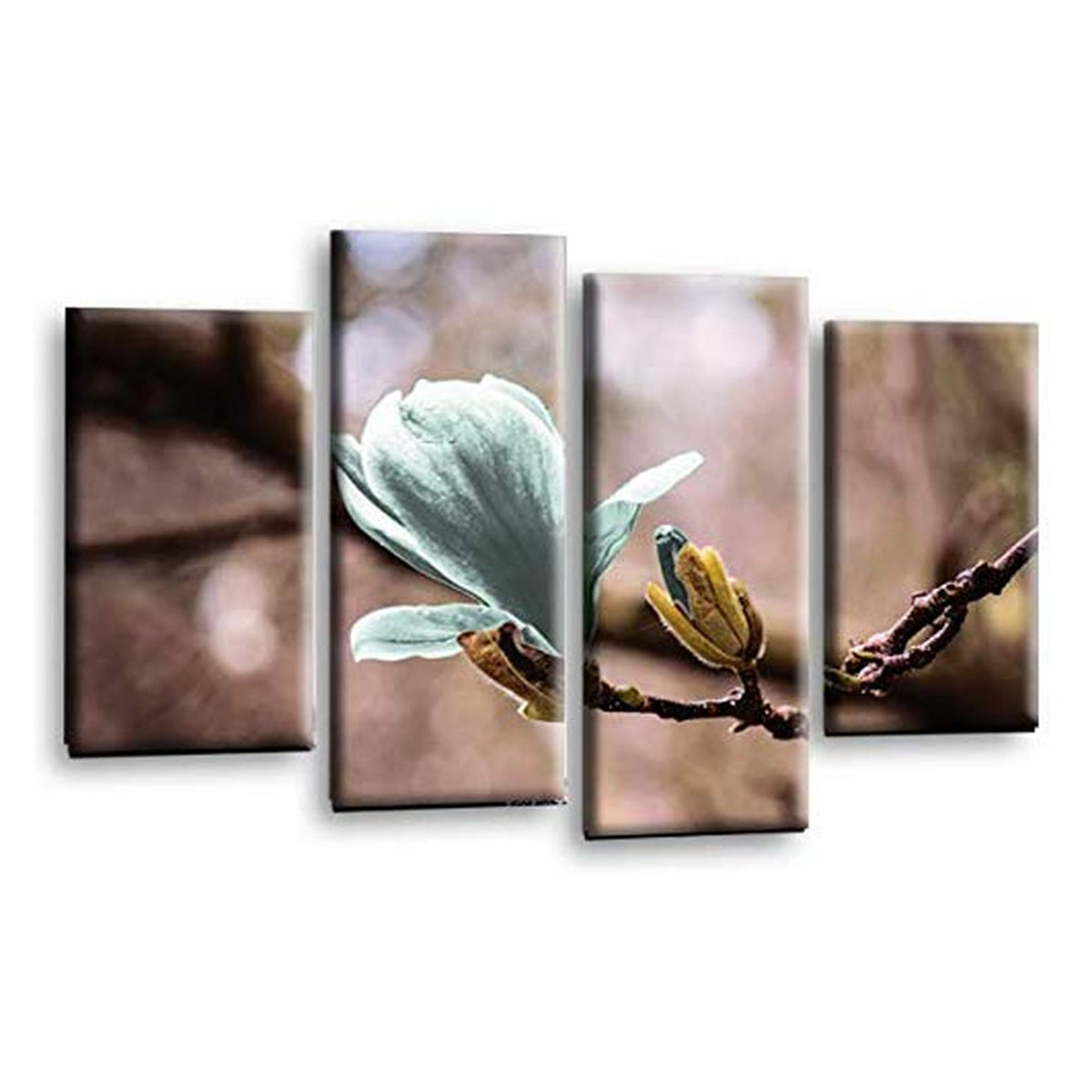 LR Floral Wall Art Picture – Grey & Duck Egg Framed 4 Panel Split Canvas Print | Ready to Hang | Modern Wall Art for Living Room, Bedroom & Office
