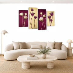 LR Floral Rose Wall Art Picture – Purple & Cream Framed 4 Panel Split Canvas Print | Ready to Hang | Modern Wall Art for Living Room, Bedroom & Office