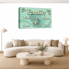LR Family Love Quote Wall Art Picture – Cream & Duck Egg Framed Canvas Print | Ready to Hang | Modern Wall Art for Living Room, Bedroom & Office