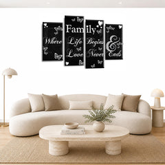 LR Family Love Quote Wall Art Picture – Black & White Framed 4 Panel Split Canvas Print | Ready to Hang | Modern Wall Art for Living Room, Bedroom & Office