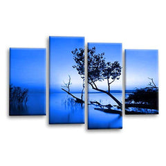 LR Sunset Landscape Wall Art Picture – Grey, Blue & Brown Floral Framed 4 Panel Split Canvas Print | Ready to Hang | Modern Wall Art for Living Room, Bedroom & Office