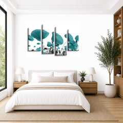 LR Floral Rose Poppy Wall Art Picture – Teal & White Framed 4 Panel Split Canvas Print | Ready to Hang | Modern Wall Art for Living Room, Bedroom & Office