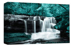 LR Teal Waterfall Canvas Wall Art Picture Forest Landscape Grey White Framed Print Ready to Hang