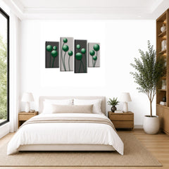 LR Green Floral Rose Wall Art Picture – Grey Framed 4 Panel Split Canvas Print | Ready to Hang | Modern Wall Art for Living Room, Bedroom & Office