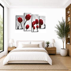 LR Floral Rose Tulip Wall Art Picture – Grey & Red Framed 4 Panel Split Canvas Print | Ready to Hang | Modern Wall Art for Living Room, Bedroom & Office