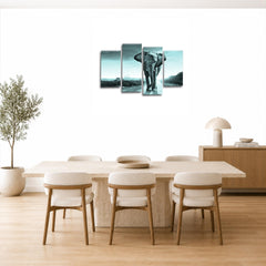 LR Elephant Sunset Wall Art Picture – Grey & Duck Egg African Framed 4 Panel Split Canvas Print | Ready to Hang | Modern Wall Art for Living Room, Bedroom & Office