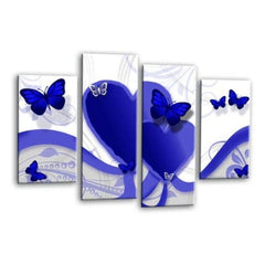 LR Butterfly Heart Wall Art Picture – Blue & White Floral Abstract Framed 4 Panel Split Canvas Print | Ready to Hang | Modern Wall Art for Living Room, Bedroom & Office