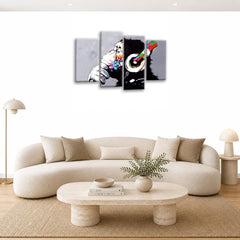 LR DJ Monkey Banksy Wall Art Picture – Graffiti Art Framed 4 Panel Split Canvas Print | Ready to Hang | Modern Wall Art for Living Room, Bedroom & Office