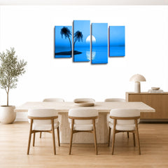 LR Sunset Wall Art Picture – Blue Beach Seascape Framed 4 Panel Split Canvas Print | Ready to Hang | Modern Wall Art for Living Room, Bedroom & Office