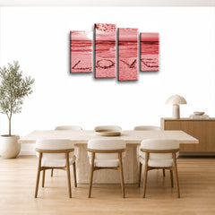 LR Love Beach Wall Art Picture – Grey & Red Sunset Seascape Framed 4 Panel Split Canvas Print | Ready to Hang | Modern Wall Art for Living Room, Bedroom & Office