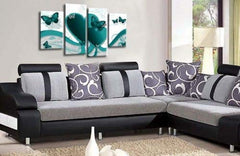 LR Butterfly Heart Wall Art Picture – Teal & White Floral Abstract Framed 4 Panel Split Canvas Print | Ready to Hang | Modern Wall Art for Living Room, Bedroom & Office