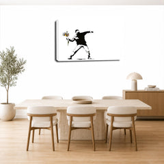 LR Banksy Flower Thrower Wall Art Picture – Grey & White Floral Framed Canvas Print | Ready to Hang | Modern Wall Art for Living Room, Bedroom & Office