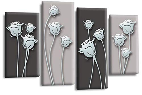 LR Duck Egg Floral Rose Wall Art Picture – Grey Framed 4 Panel Split Canvas Print | Ready to Hang | Modern Wall Art for Living Room, Bedroom & Office