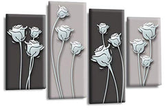 LR Duck Egg Floral Rose Wall Art Picture – Grey Framed 4 Panel Split Canvas Print | Ready to Hang | Modern Wall Art for Living Room, Bedroom & Office