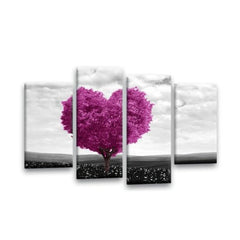 LR Floral Love Heart Wall Art Picture – Grey & Pink Tree Framed 4 Panel Split Canvas Print | Ready to Hang | Modern Wall Art for Living Room, Bedroom & Office