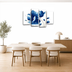 LR Blue Floral Wall Art Picture Framed 4 Panel Split Canvas Print | Ready to Hang | Modern Wall Art for Living Room, Bedroom & Office