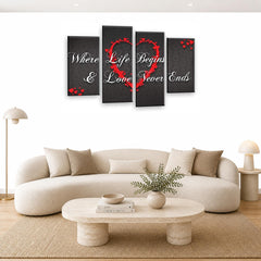 LR Love Quote Wall Art Picture – Grey & Red Framed 4 Panel Split Canvas Print | Ready to Hang | Modern Wall Art for Living Room, Bedroom & Office