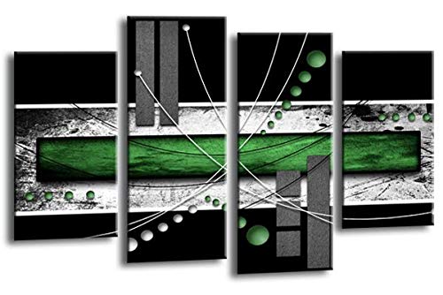 LR Abstract Wall Art Picture – Green, Black & White Modern Framed 4 Panel Split Canvas Print | Ready to Hang | Modern Wall Art for Living Room, Bedroom & Office