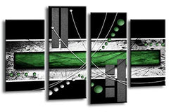LR Abstract Wall Art Picture – Green, Black & White Modern Framed 4 Panel Split Canvas Print | Ready to Hang | Modern Wall Art for Living Room, Bedroom & Office