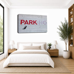 LR Banksy No Parking Wall Art Picture – Grey & Red Graffiti Art Framed Canvas Print | Ready to Hang | Modern Wall Art for Living Room, Bedroom & Office