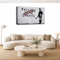 LR Banksy Cancelled Dreams Wall Art Picture – Grey & White Graffiti Art Framed Canvas Print | Ready to Hang | Modern Wall Art for Living Room, Bedroom & Office