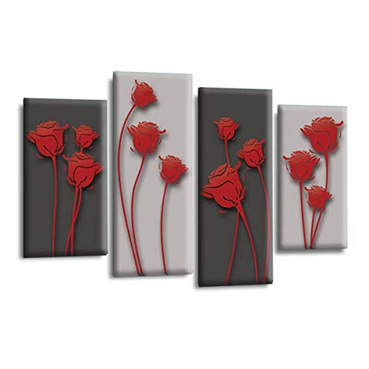 LR Red Floral Rose Wall Art Picture – Grey Framed 4 Panel Split Canvas Print | Ready to Hang | Modern Wall Art for Living Room, Bedroom & Office