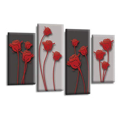 LR Red Floral Rose Wall Art Picture – Grey Framed 4 Panel Split Canvas Print | Ready to Hang | Modern Wall Art for Living Room, Bedroom & Office
