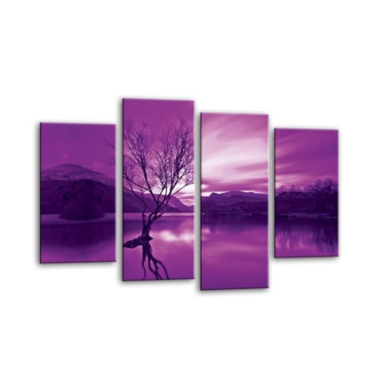 LR Landscape Lake Wall Art Picture – Purple & Cream Floral Framed 4 Panel Split Canvas Print | Ready to Hang | Modern Wall Art for Living Room, Bedroom & Office