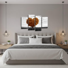 LR Floral Love Heart Wall Art Picture – Grey & Brown Tree Framed 4 Panel Split Canvas Print | Ready to Hang | Modern Wall Art for Living Room, Bedroom & Office