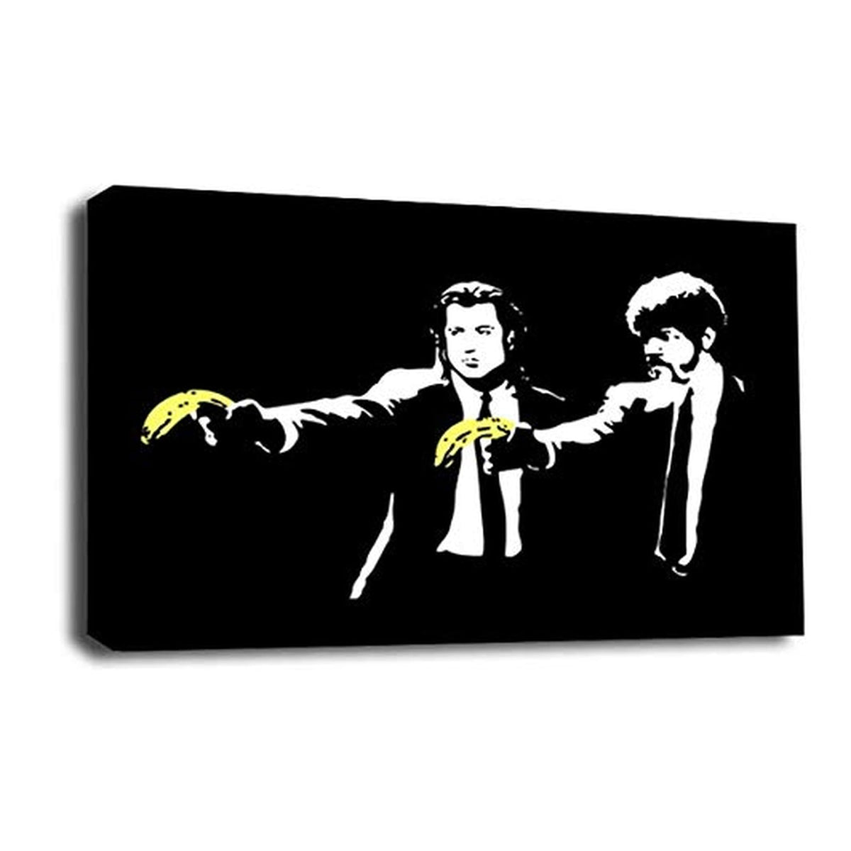 LR Banksy Pulp Fiction Wall Art Picture – Yellow & Black Graffiti Art Framed Canvas Print | Ready to Hang | Modern Wall Art for Living Room, Bedroom & Office