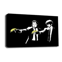 LR Banksy Pulp Fiction Wall Art Picture – Yellow & Black Graffiti Art Framed Canvas Print | Ready to Hang | Modern Wall Art for Living Room, Bedroom & Office
