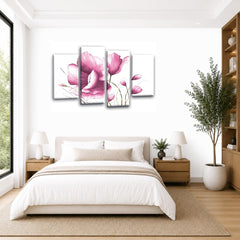 LR Floral Pink Rose Wall Art Picture – White Framed 4 Panel Split Canvas Print | Ready to Hang | Modern Wall Art for Living Room, Bedroom & Office