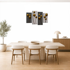 LR Gold Floral Rose Wall Art Picture – Grey Framed 4 Panel Split Canvas Print | Ready to Hang | Modern Wall Art for Living Room, Bedroom & Office