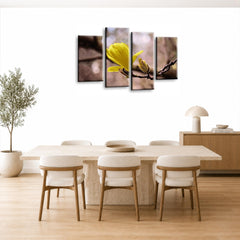 LR Floral Rose Wall Art Picture – Grey & Yellow Framed 4 Panel Split Canvas Print | Ready to Hang | Modern Wall Art for Living Room, Bedroom & Office