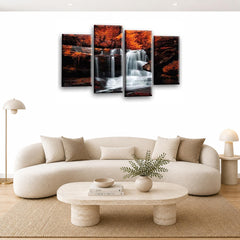 LR Waterfall Orange Wall Art Picture – Grey & Forest Framed 4 Panel Split Canvas Print | Ready to Hang | Modern Wall Art for Living Room, Bedroom & Office