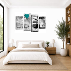 LR Banksy Heart Wall Art Picture – Grey & Teal Graffiti Art Framed 4 Panel Split Canvas Print | Ready to Hang | Modern Wall Art for Living Room, Bedroom & Office