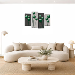 LR Green Floral Rose Wall Art Picture – Grey Framed 4 Panel Split Canvas Print | Ready to Hang | Modern Wall Art for Living Room, Bedroom & Office