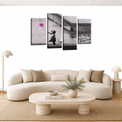 LR Banksy Wall Art Picture – Purple & Grey Graffiti Art Framed 4 Panel Split Canvas Print | Ready to Hang | Modern Wall Art for Living Room, Bedroom & Office