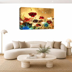 LR Floral Rose Poppy Wall Art Picture – Red & Cream Framed Canvas Print | Ready to Hang | Modern Wall Art for Living Room, Bedroom & Office