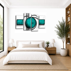 LR Abstract Wall Art Picture – Teal & White Modern Framed 4 Panel Split Canvas Print | Ready to Hang | Modern Wall Art for Living Room, Bedroom & Office