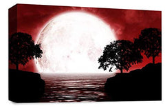 LR Abstract Landscape Wall Art Picture Red Black White Big Moon Seascape Framed Canvas Print