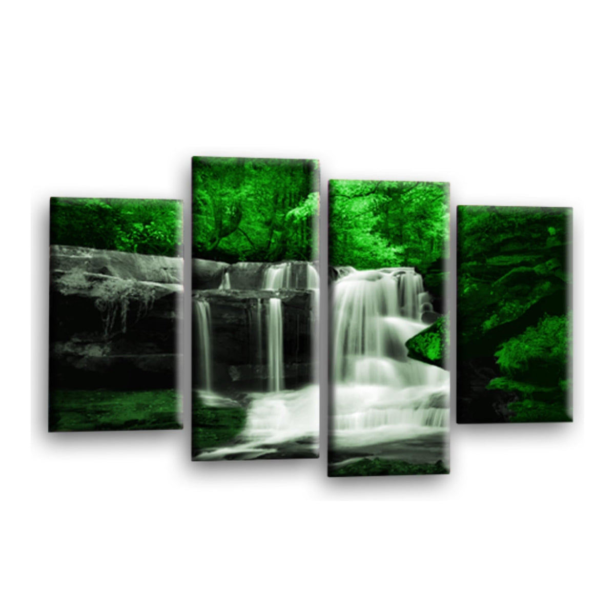 LR Waterfall Green Wall Art Picture – Grey & Forest Framed 4 Panel Split Canvas Print | Ready to Hang | Modern Wall Art for Living Room, Bedroom & Office