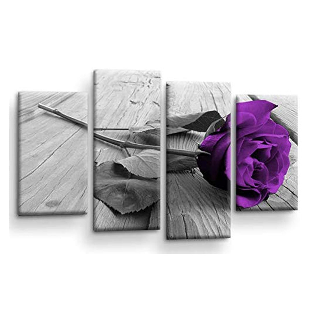 LR Floral Purple Rose Wall Art Picture – Grey Framed 4 Panel Split Canvas Print | Ready to Hang | Modern Wall Art for Living Room, Bedroom & Office